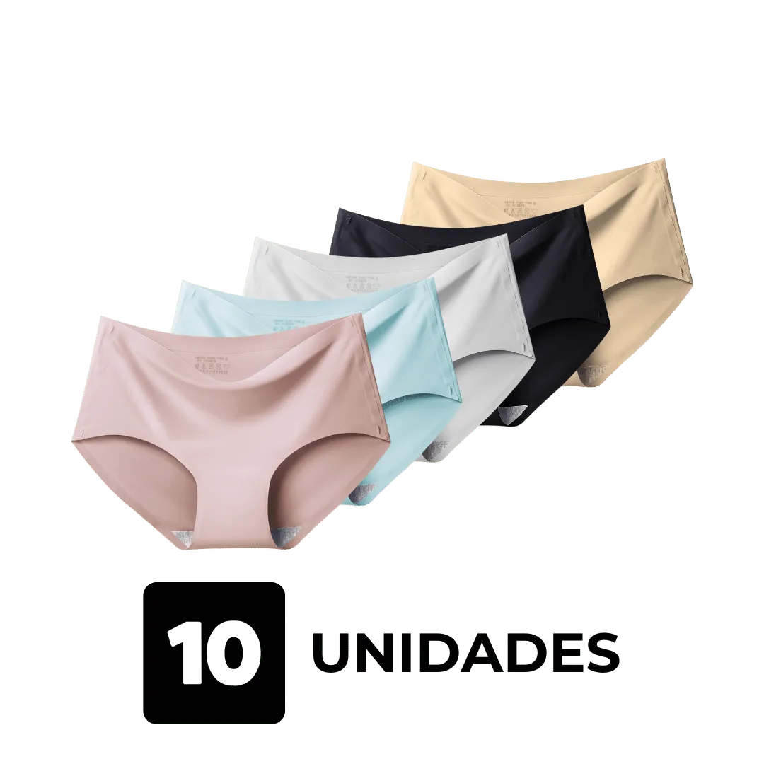 Imagem de cinco calcinhas sem costura da Cygnuss em diferentes cores: rosa, azul claro, branco, preto e bege, sobre fundo transparente. A composição representa um kit com 10 unidades, destacando a variedade de cores e o conforto das peças.