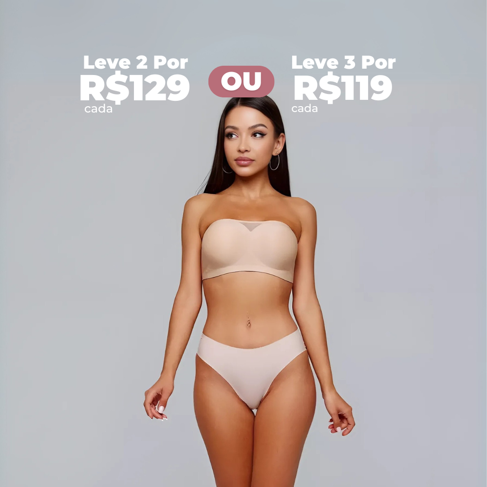 Modelo usando o Sutiã Tomara que Caia Sensação na cor bege, sem alças, com detalhe em tule no decote. Promoção destacada no topo da imagem: leve 2 por R$129 cada ou 3 por R$119 cada