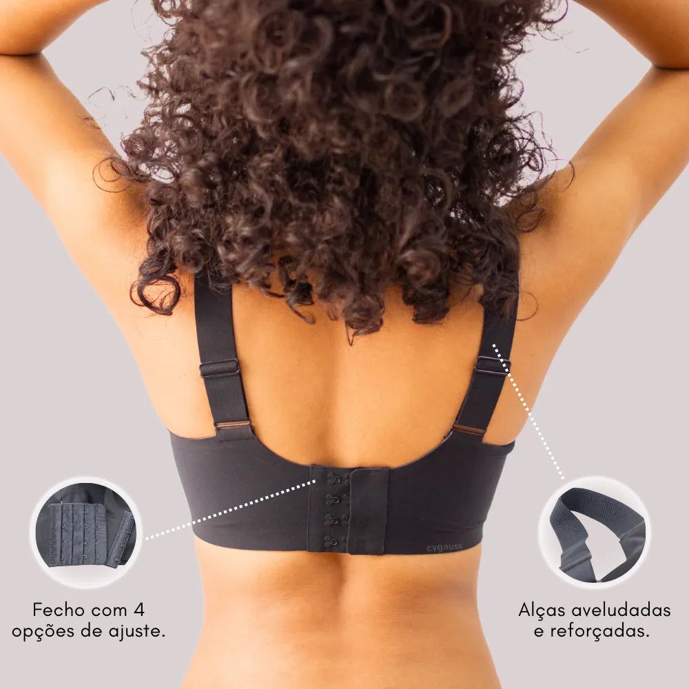 Imagem da parte traseira do Sutiã Curves Cygnuss na cor preta, mostrando o fecho com 4 opções de ajuste e as alças aveludadas e reforçadas.
