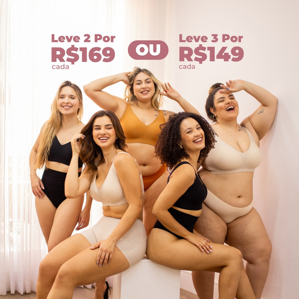 Cinco mulheres diversas posam sorrindo e vestindo o Sutiã Curves Cygnuss em diferentes cores. No fundo, a promoção destaca: 'Leve 2 por R$169 cada' ou 'Leve 3 por R$149 cada
