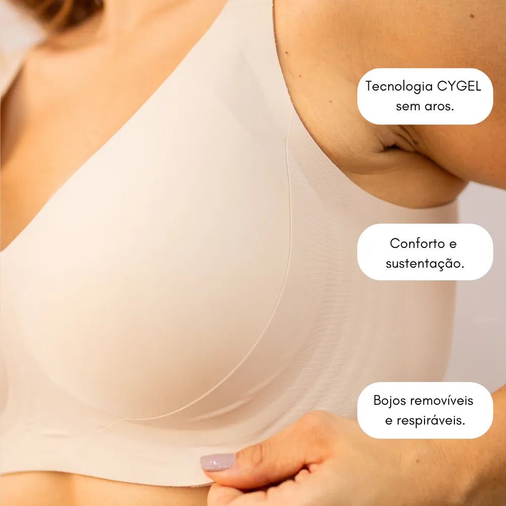 Imagem em close do Sutiã Curves Cygnuss na cor bege, destacando a Tecnologia Cygel sem aros, bojos removíveis e sustentação reforçada.
