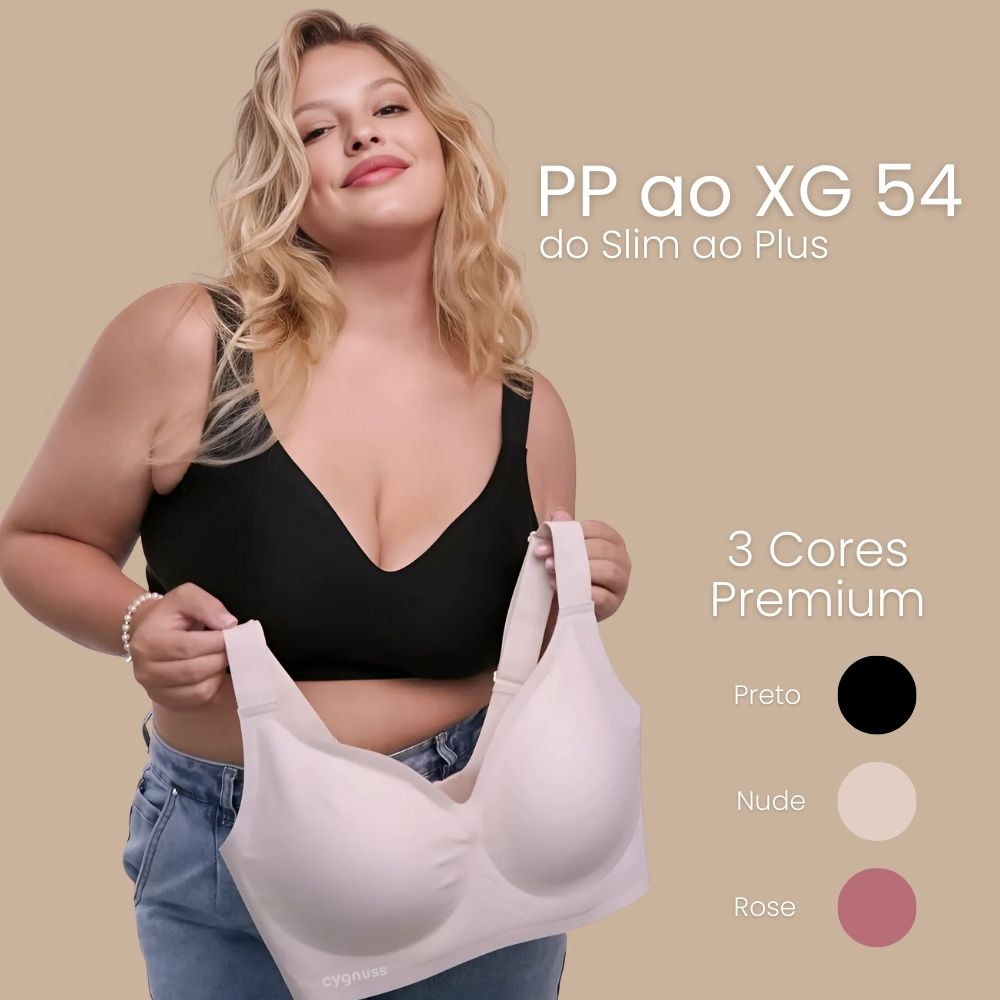 Modelo plus size vestindo o Sutiã Premium Reforçado Cygnuss na cor preta, segurando a versão nude. Texto destaca os tamanhos PP ao XG 54 e as cores disponíveis: preto, nude e rose.