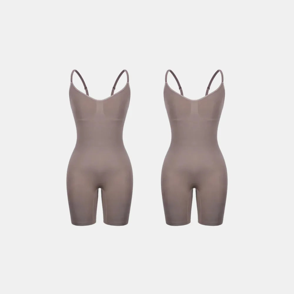 Imagem dupla do Body Elegance Modelador cinza, com alças finas e modelagem que proporciona elegância e conforto, disponível em dois tamanhos.