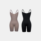 Imagem dupla do Body Elegance Modelador nas cores preta e bege, com alças finas e modelagem confortável para o corpo, proporcionando um visual elegante e discreto sob roupas.