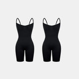 Imagem dupla do Body Elegance Modelador preto, com alças finas e design que modela o corpo, disponível em dois tamanhos, proporcionando conforto e elegância.