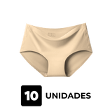 Imagem de uma calcinha bege sem costura da Cygnuss sobre fundo transparente, representando um kit com 10 unidades. O design confortável e discreto oferece ajuste perfeito para o dia a dia.