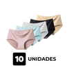 Imagem de cinco calcinhas sem costura da Cygnuss em diferentes cores: rosa, azul claro, branco, preto e bege, sobre fundo transparente. A composição representa um kit com 10 unidades, destacando a variedade de cores e o conforto das peças.
