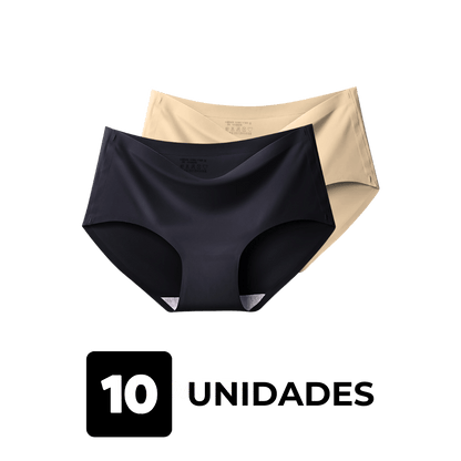 Imagem de duas calcinhas sem costura da Cygnuss, uma na cor preta e outra na cor bege, sobre fundo transparente. A imagem representa um kit com 10 unidades, destacando o conforto e a versatilidade das cores.