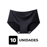 Imagem de uma calcinha preta sem costura da Cygnuss sobre fundo transparente, representando um kit com 10 unidades. O design confortável e discreto é ideal para o dia a dia.