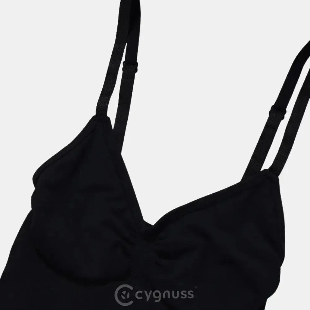 Imagem detalhada do Body Elegance Modelador na cor preta, mostrando a área do bojo com alças ajustáveis e tecido suave, destacando seu design confortável e elegante.