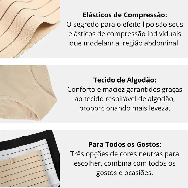 Imagem contendo três seções de texto sobre as características de um produto. A primeira seção fala sobre os "Elásticos de Compressão", destacando seu efeito na região abdominal. A segunda fala sobre o "Tecido de Algodão", destacando conforto e leveza. A terceira seção destaca "Para Todos os Gostos", mencionando a disponibilidade de três opções de cores neutras.