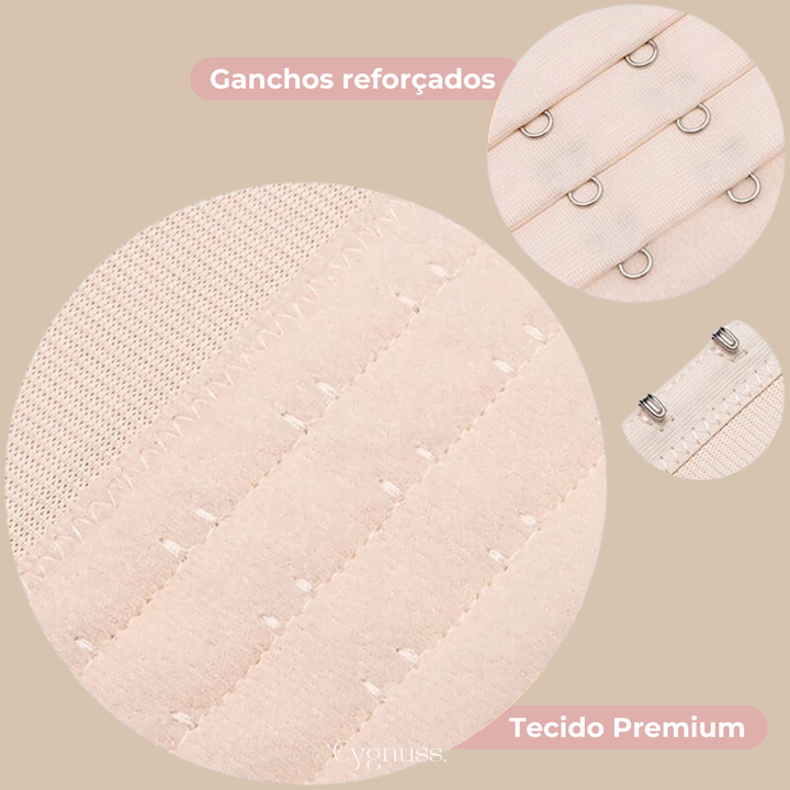 : Close no extensor de sutia Cygnuss destacando os ganchos reforcados e o tecido premium. A imagem apresenta texturas ampliadas em três circulos: estrutura dos ganchos, acabamento do tecido e parte interna com fecho metalico. Fundo bege com textos explicativos.