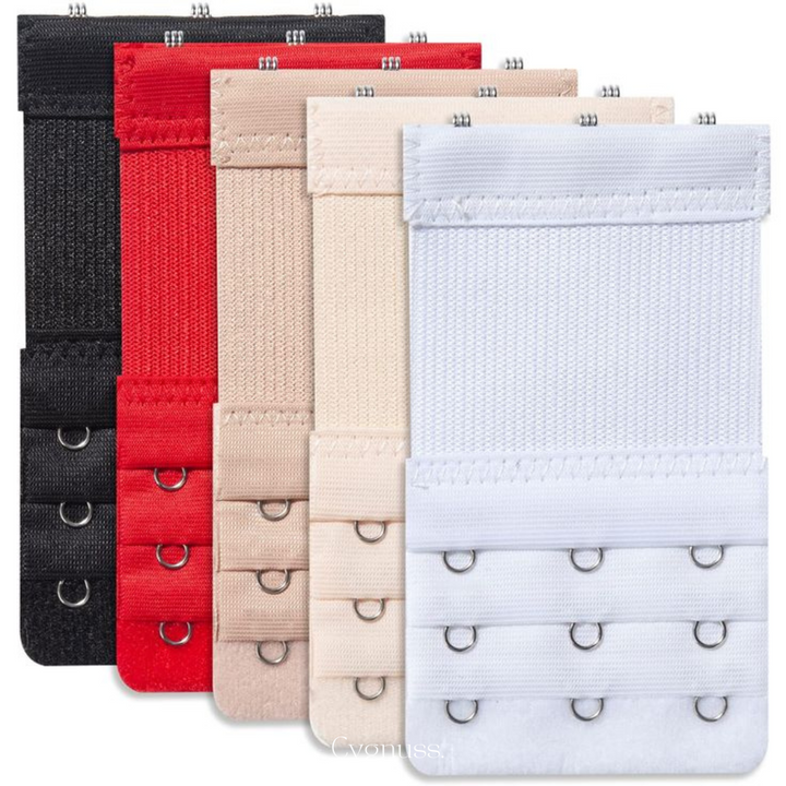 Extensores de sutia em cores basicas — preto, vermelho, bege claro, nude e branco — com tres niveis de ajuste. Acessorios ideais para aumentar o conforto do sutia, com ganchos metalicos e tecido elastico resistente. Compativeis com a maioria dos modelos.