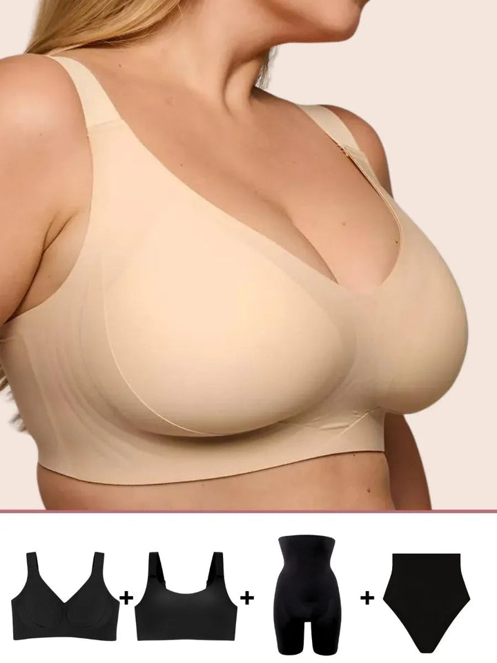 Kit de lingerie composto por um sutiã bege sem costura com modelagem acolchoada, sutiã preto confortável, short modelador preto e calcinha modeladora preta. Peças que oferecem máxima modelagem e conforto, ideais para o uso diário, proporcionando apoio perfeito e um visual suave e elegante. Combinação ideal para quem busca praticidade e estilo o dia todo.