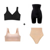 Kit de lingerie composto por um sutiã sem costura preto, modelador de cintura alta preto e outro sutiã sem costura nude com shorts modelador. Peças versáteis que garantem conforto, suporte e modelagem, ideais para qualquer momento do dia. A combinação perfeita para quem busca discrição, conforto e liberdade com sofisticação.