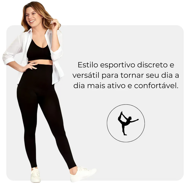 Mulher usando a Legging Jade Fit Modeladora de Cós Alto na cor preta, acompanhada da frase “Estilo esportivo discreto e versátil para tornar seu dia a dia mais ativo e confortável” e ícone de alongamento, em layout promocional.

