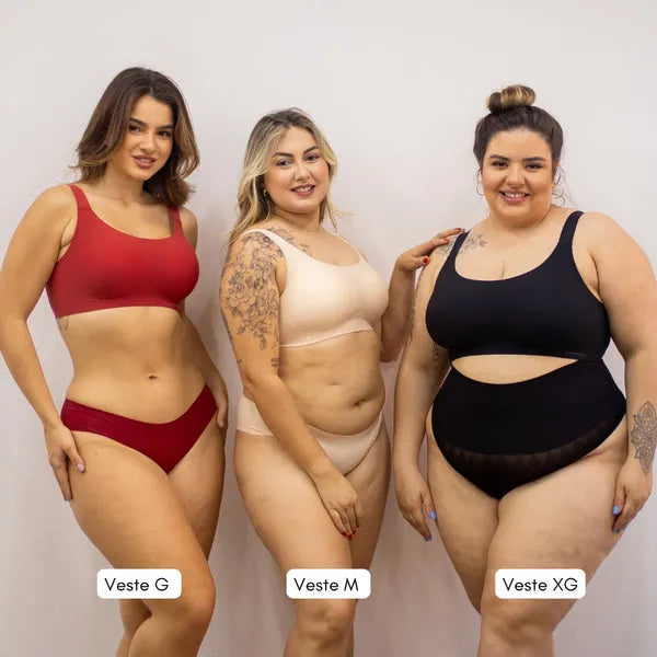 Lingerie inclusiva para diferentes tamanhos, mostrando três modelos em mulheres com tamanhos G, M e XG. As peças são projetadas para oferecer conforto, suporte e estilo para todos os tipos de corpo, com design moderno e ajustável que realça a beleza natural de cada mulher.