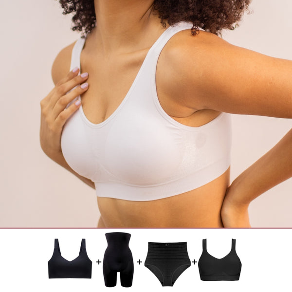Kit promocional com peças em branco e preto, composto por sutiã sem aro, modeladores e calcinhas de conforto. Ideal para o dia a dia, oferece praticidade e modelagem discreta para o corpo, promovendo conforto contínuo.