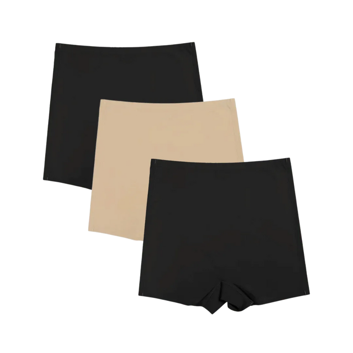 Shorts Segunda Pele disponíveis nas cores preta e bege, com design sem costura para um ajuste perfeito e confortável, ideal para o uso diário e sob qualquer tipo de roupa.