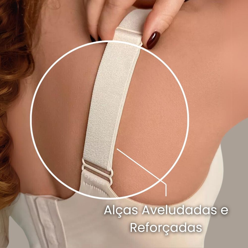 Imagem da parte traseira do Sutiã Premium Reforçado Cygnuss na cor bege, destacando as alças largas que modelam de 3 cm