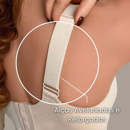Imagem da parte traseira do Sutiã Premium Reforçado Cygnuss na cor bege, destacando as alças largas que modelam de 3 cm