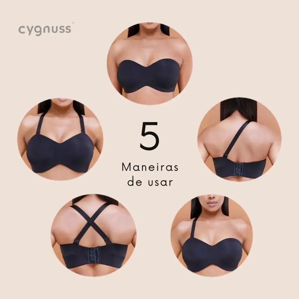 Imagem ilustrativa mostrando cinco maneiras diferentes de usar o sutiã tomara que caia Cygnuss na cor preta. As opções incluem: sem alças, alças paralelas, alças cruzadas nas costas, alça única lateral e alças presas no pescoço. O design versátil permite adaptação para diferentes looks e ocasiões