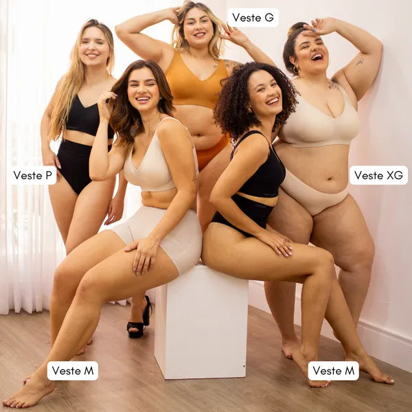 Diversas modelos com diferentes tipos de corpo vestindo sutiãs Cygnuss, destacando a versatilidade e o conforto da peça, que oferece uma modelagem perfeita para todos os corpos. A linha foi pensada para proporcionar suporte e elegância em diferentes tamanhos, garantindo bem-estar e confiança ao longo do dia.