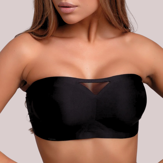  Sutiã Tomara que Caia Sensação na cor preta, modelo sem alças com detalhe em tule no decote, proporcionando sustentação, conforto e um toque sofisticado.