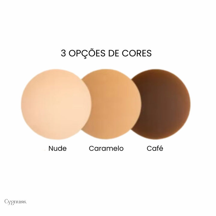 Três discos adesivos em tons Nude, Caramelo e Café sobre fundo branco, representando a variedade de cores disponíveis para diferentes peles.
